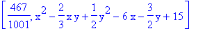 [467/1001, x^2-2/3*x*y+1/2*y^2-6*x-3/2*y+15]